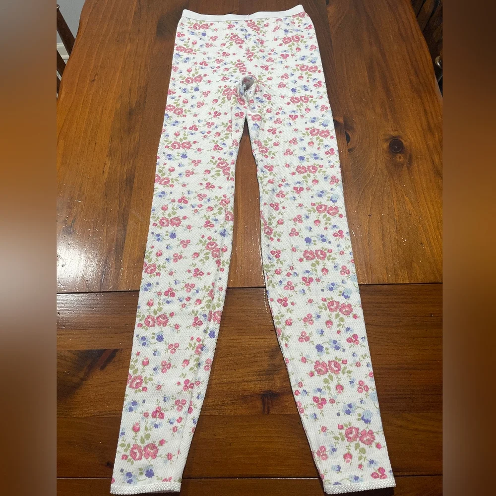 Indera Womens White Pink Blue Floral 100% Cotton Baselayer‎ Leggings Size Medium